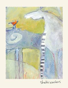 an abstract painting with a bird sitting on top of a table