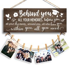 GEMTEND 2024 Graduation Gifts for Her Him, Behind You, All Your Memories-Congratulations Inspirational High School College Graduation Picture Frame for Her Best Friend Women, Going Away Gifts FARMHOUSE STYLE : The graduation gifts picture frame holder is made of quality wood material, the wooden color looks retro and rustic, finished with handmade string heart (made with cotton lines), with love heart and pretty art words design, the wood style is classic and timeless, the wooden picture frame is wonderful graduation gifts from friends, sisters, classmates, students, daughter, girlfriend and more PERFECT SIZE : This graduation picture frame measures about 16 x 6 inch, 1x graduation gifts picture frame, 2 x durable hemp rope, 8 x wooden clips with for hanging the favorite photos, easy to ha Gifts For Graduates, Graduation Picture Frames, Graduation Memories, Senior Graduation Party, Graduation Party Planning, College Graduation Pictures, High School Graduation Party, 2023 Graduation, Framed Photo Collage