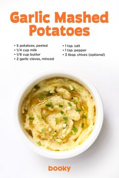 the recipe for garlic mashed potatoes in a bowl