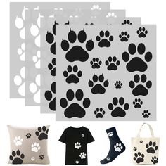 the paw prints and pillows are shown in black, white, and grey colors with different designs