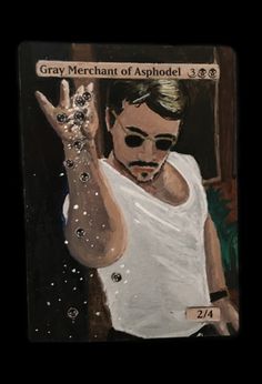 a painting of a man holding his hand up in front of him with the words gray merchant of asphodel on it