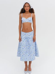 Brigitta Midi Skirt — Blue Midi Skirt Blue, Matching Skirt Set, Blue Midi Skirt, Matching Skirt, Little White Dresses, Low Waisted, 2023 Fashion, Summer Look, Bra Top