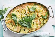 a pan filled with zucchini and other vegetables