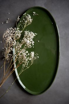 some white flowers are sitting in a green plate on a gray tablecloth with black background