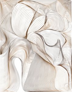 an abstract art piece with wavy lines and curves in white, brown and beige colors