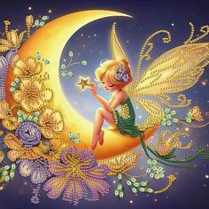 a painting of a fairy sitting on the moon with stars and flowers around her feet