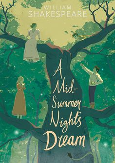 a midsummer night's dream poster with people standing in the trees and looking up at them