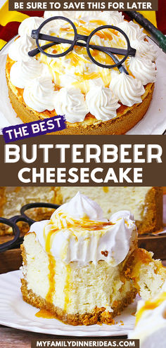 the best butterbeeer cheesecake recipe is on this plate and it's ready to be eaten