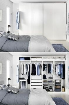 two pictures of a bedroom with white walls and blue carpeted flooring, an open closet in the middle is filled with clothes