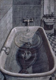 a drawing of a woman's face in a bathtub