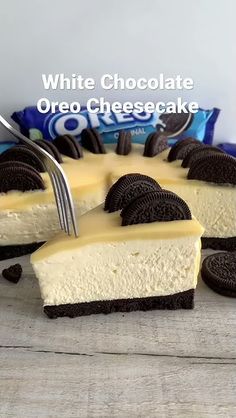 a white chocolate oreo cheesecake on a wooden table