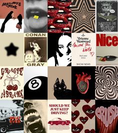 a collage of various posters with words and pictures on them in different colors, shapes, and sizes