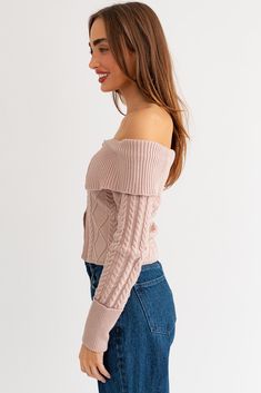 Cable knit sweater top Off the shoulder Cropped fit Fold over sleeves Front zipper closure Fitted knit band around sleeves True to size Dusty blush color Model is 5'9", Bust 32", Waist 14", and wearing a size Dusty Blush, Off The Shoulder Sweater, Rose Sweater, Zippered Sweater, Keep In Touch, Going Out Outfits, Outfit Inspo Fall, Blush Color, Cable Knit Sweater