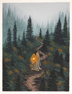 a painting of a person sitting in the middle of a forest with a light on their head