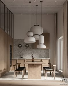 a modern kitchen with wooden cabinets and hanging lights above the countertop, along with black chairs