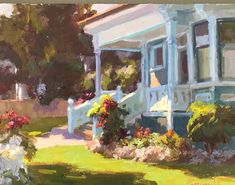 a painting of a house with flowers in the front yard