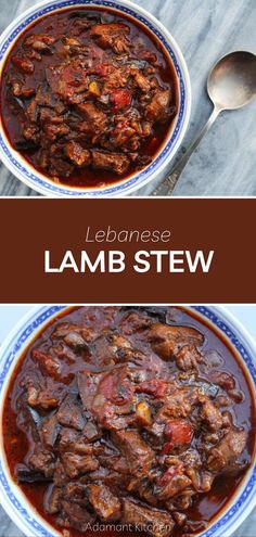 two bowls filled with lamb stew on top of a table