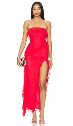 Find MORE TO COME Frankie Maxi Dress In Red on Editorialist. MORE TO COME Frankie Maxi Dress in Red. - size L (also in M, S, XL, XS, XXS) MORE TO COME Frankie Maxi Dress in Red. - size L (also in M, S, XL, XS, XXS) Self: 95% polyester 5% spandex Lining: 100% polyester. Made in China. Hand wash. Fully lined. Pull-on styling with elastic neckline. Stretch jersey fabric with ruffles throughout and draped fabric at sides. Neckline to shortest hem measures approx 17 and to longest hem approx 50 in le Fitted Long Strapless Dress For Summer, Spring Party Strapless Maxi Dress, Strapless Ruffled Maxi Dress For Gala, Fitted Strapless Maxi Dress With Ruffles, Spring Strapless Long Dress, Fitted, Flirty Strapless Ruched Maxi Dress, Fitted Floor-length Flirty Maxi Dress, Fitted Strapless Long Dress For Spring, Spring Strapless Maxi Evening Dress