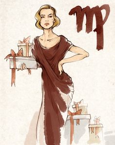 a drawing of a woman in a brown dress with presents on the table behind her