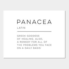 a white card with the words panacea latin in black and white on it