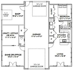 the floor plan for a two story house with garage and living room, including an office area