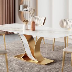 a white marble dining table with gold accents and chairs around it, in front of a beige curtained window