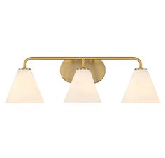 three light brass bathroom fixture with white glass shades