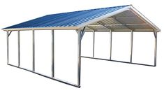 a metal carport with blue roof on white background