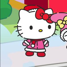 hello kitty and her sister are walking down the street