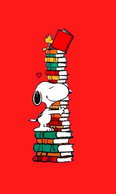 a stack of books with a cartoon character sitting on top of it, reading a book