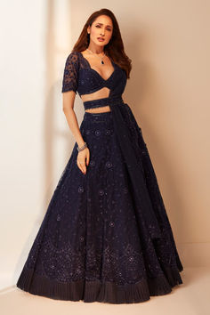 Blue floral net embroidered lehenga set for women Lehenga Designs Blue, Navy Blue Lengha, Lehenga With Belt, Shadi Ideas, Scallop Dupatta, Bandhani Lehenga, Navy Blue Lehenga, Eastern Wear, Desi Vibes