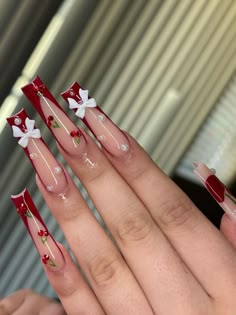 Prom Burgundy Nails, Long Acrylic Nails Square Red, Birthday Nails Red Bottoms, Full Red Nails, Cherry Red Coffin Nails, Red Jewel Nails, Xl French Tip Nails, Red Nails With Bling, Baddie Acrylic Nails Long