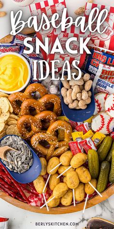 Close up view of a baseball snack board. Baseball Football Basketball Party, Astros Party Food, Baseball Theme Party Foods, Baseball Birthday Party At The Park, Baseball Theme Office Party, Nacho Bar Baseball Party, Baseball Game Day Food, Birthday Party At Baseball Field, Ballpark Party Food