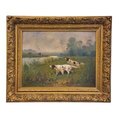 an oil painting of two dogs in a field