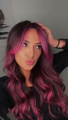 Pink Hair Streaks, Pink Hair Highlights, Dark Pink Hair, Magenta Hair, Pink Hair Dye, Hair Color Underneath, Peekaboo Hair, Vivid Hair Color, Cute Hair Colors