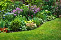 a garden filled with lots of different types of flowers and plants on top of green grass