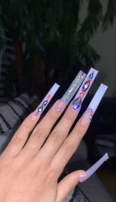 French Tip Acrylic Nails Long With Bling, Square Long Nails Acrylics With Diamonds, Long Square Acrylic Nails With Jewels, Xl Long Acrylic Nails Rhinestones, Long Purple Nails With Rhinestones, Glass Nails Art, Punk Nails, Glass Nails