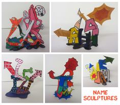 four different types of paper sculptures with the name and number one on them, all made out of construction material