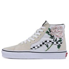 Introducing the Vans Sk8-Hi 'Checker Floral' sneaker. This fashionable take on the '78 skate shoe offers a feminine twist that is sure to turn heads. The suede and canvas upper provides a luxurious look and feel, while the checkerboard pattern on the Vans sidestripe adds a touch of stylish contrast. The white vulcanized sole with Waffle-inspired rubber tread completes the look, offering both style and function. (SNKR) Sk8 Hi Vans, Floral Sneakers, Vans Sk8 Hi, Skate Shoe, Checkerboard Pattern, Vans Shop, Sk8 Hi, Vans Sk8, Side Stripe