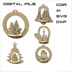 four metal christmas ornaments with trees and buildings