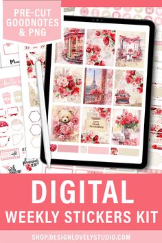 the digital weekly stickers kit includes pink flowers, roses and other decorative items with text overlay