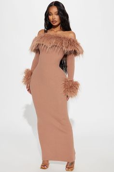 Jenna Faux Fur Sweater Maxi Dress - Mocha | Fashion Nova Dress Off Shoulder Long, Oversized Sweater Dress, Huge Hair, Fur Dress, Fur Cuffs, Sweater Dress Oversized, Faux Fur Sweater, Sweater Maxi Dress, Dress Off Shoulder