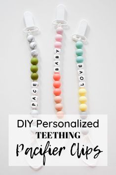 three personalized teeth and pacifier clips with the text diy personalized teeth and pacifier clips