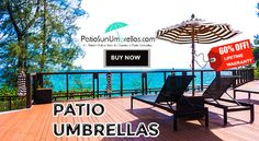 a deck with two chairs and an umbrella on it that is advertising patio umbrellas