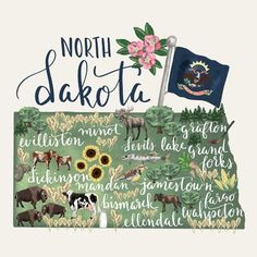 the north dakota map with flags and flowers