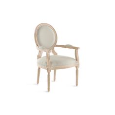 a white chair with a beige upholstered back and arm rests against a white background