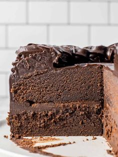 a slice of chocolate cake on a white plate