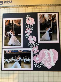 a scrapbook with pictures of people in wedding dresses and flowers on the pages,