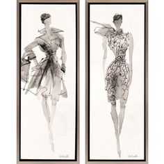 two black and white drawings of women in dresses