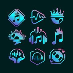 various music symbols are shown in blue and pink colors on a black background, including headphones